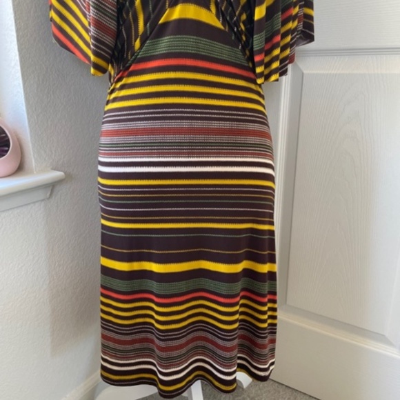 Viva You | Multicolor Brown Striped Midi Dress | 2000s Cape Sleeve V-Neck Size S - Picture 3 of 8